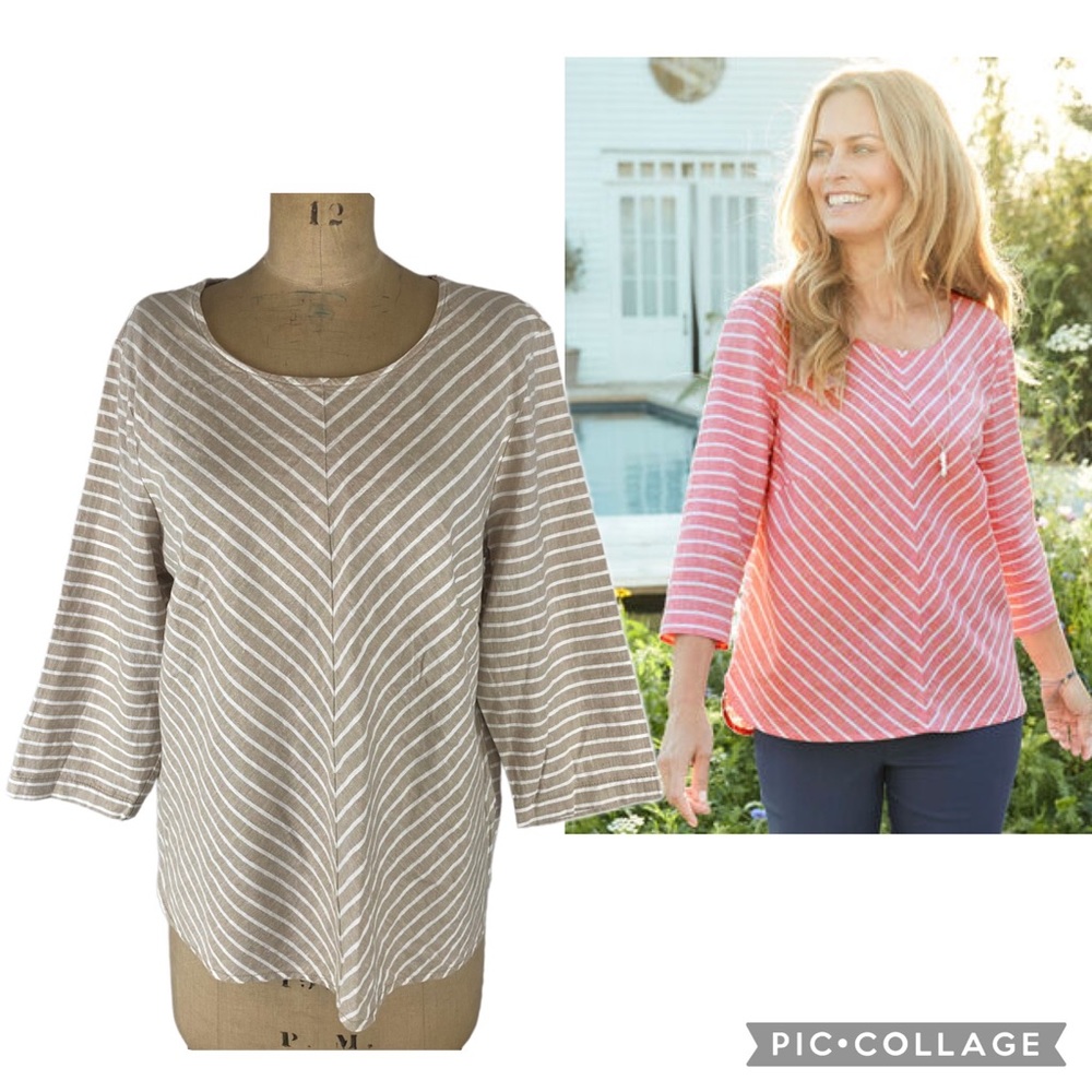 🌷 Cotton Traders Beige/White Linen Blend Striped Top Size US 10